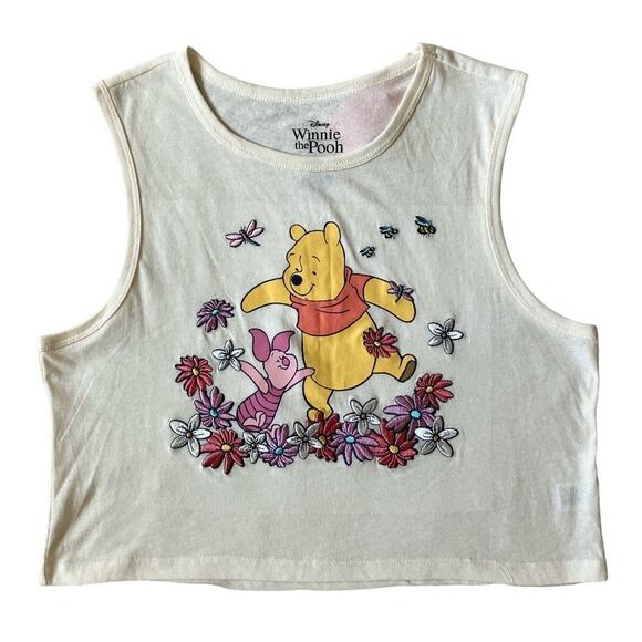 New Winnie the Pooh Cream Embroidered Cropped Tank Top XL - Picture 1 of 4